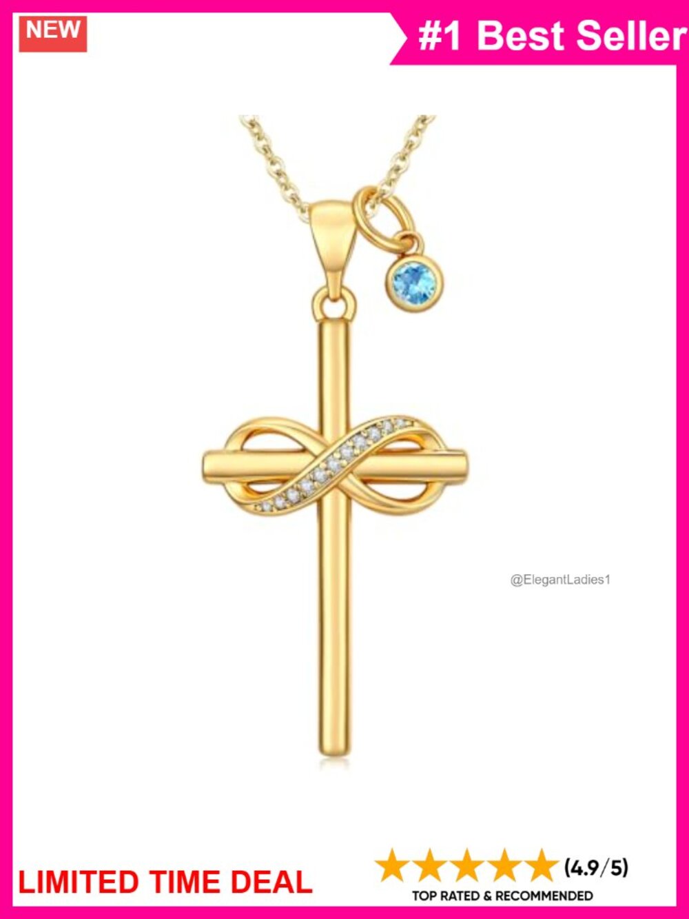 Infinity Cross Necklace 14K Gold Plated Birthstone Pendant Women